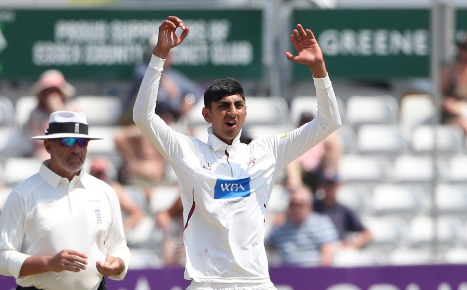 Shoaib Bashir in bowling action for Somerset during Essex CCC vs Somerset CCC, LV Insurance County Championship Division 1 Cricket at The Cloud County Ground on 11th June 2023