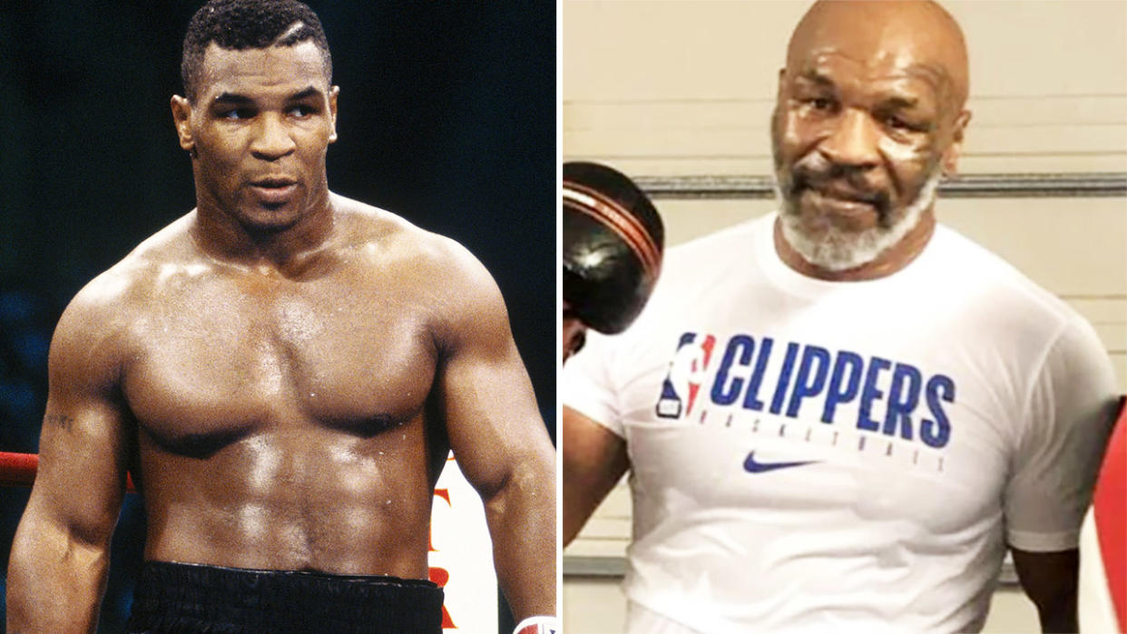 Mike Tyson, pictured here in his heyday and at age 54.