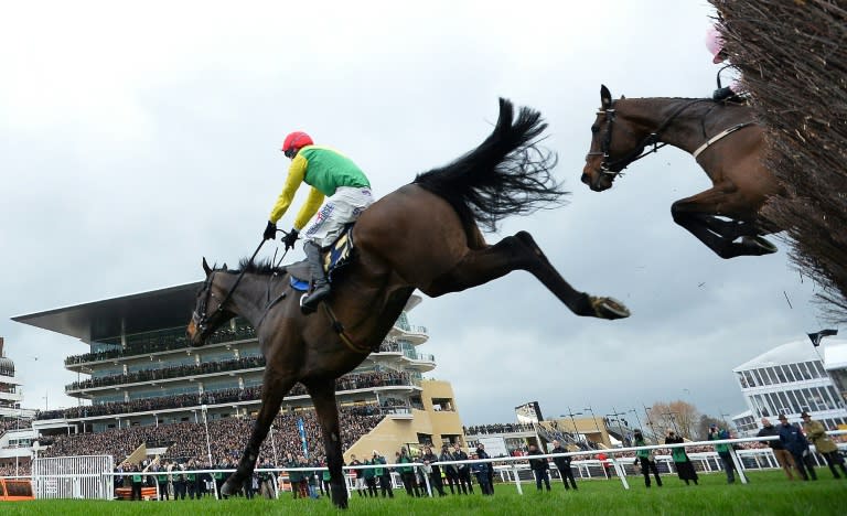 Jockey Robbie Power on Sizing John jumps the final hurdle to win the Gold Cup on the final day of the Cheltenham Festival horse racing meeting at Cheltenham Racecourse in Gloucestershire, south-west England, on March 17, 2017