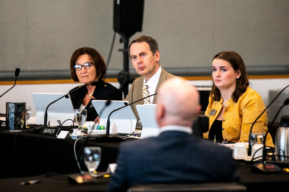 Iowa Board of Regents members Sherry Bates, president pro tem, left, David Barker, center, and Abby Crow listen to a presentation during a meeting, Wednesday, June 14, 2023, at the Levitt Center for University Advancement in Iowa City, Iowa.