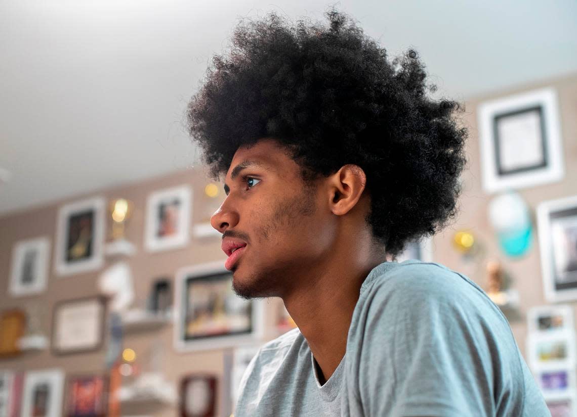 Jarin Stevenson plays video games at home on Tuesday, June 27, 2023 in Chapel Hill, N.C. Jarin would depart the next morning for Tuscaloosa, Ala., after committing to play at the University of Alabama. 
