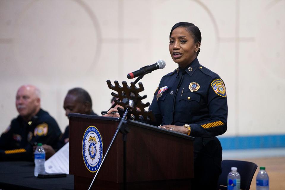 Memphis Police Chief Cerelyn “CJ” Davis speaks during the Greenlaw Community Center community meeting in Memphis, Tenn., on Tuesday, May 23, 2023. MPD hosted the meeting to discuss the future of the center with residents of the Greenlaw area. 