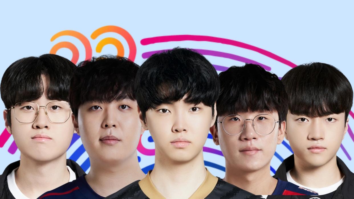 The South Korean roster that won the gold medal for the 19th Asian Games' League of Legends medal event. (Pictured from left: Zeus, Kanavi, Chovy, Ruler, Keria) (Photo: T1, JDG, Gen.G, Hangzhou Asian Games Committee)