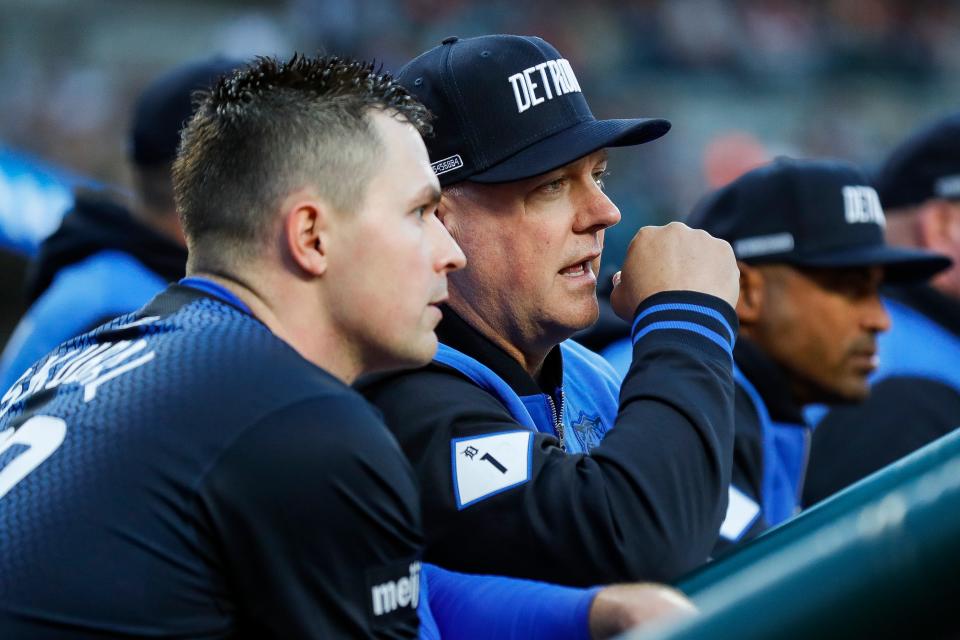 Detroit Tigers manager AJ Hinch talks with pitcher Tarik Skubal during the seventh inning against the Houston Astros at Comerica Park in Detroit, Saturday, May 11, 2024.