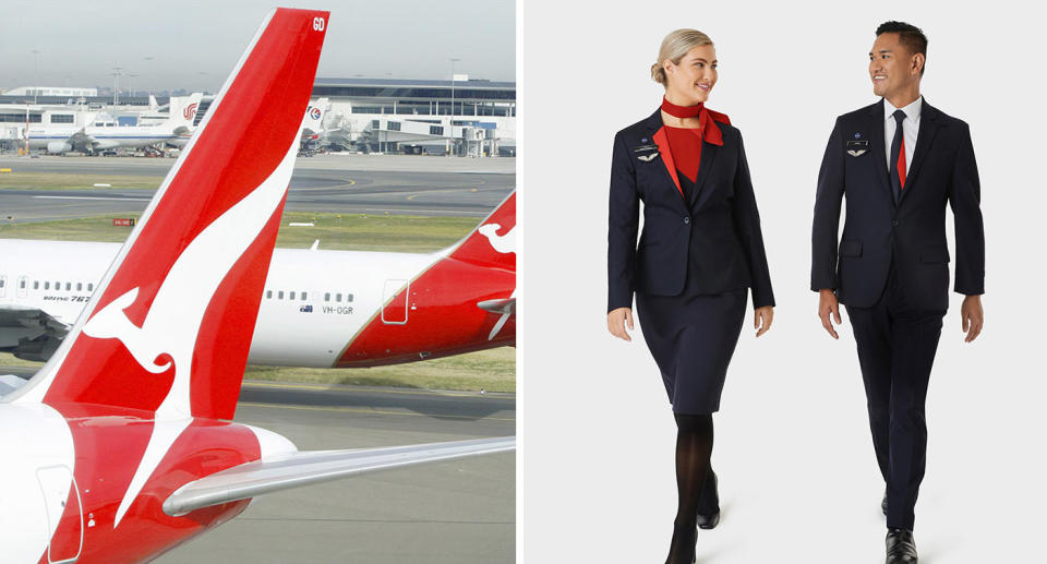 Qantas planes on tarmac; Qantas staff members in uniform