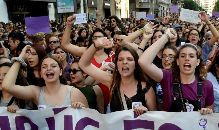 Protesters in Valencia march in protest of five men being released on bail who were sentenced to nine years' prison for sexually abusing a young woman