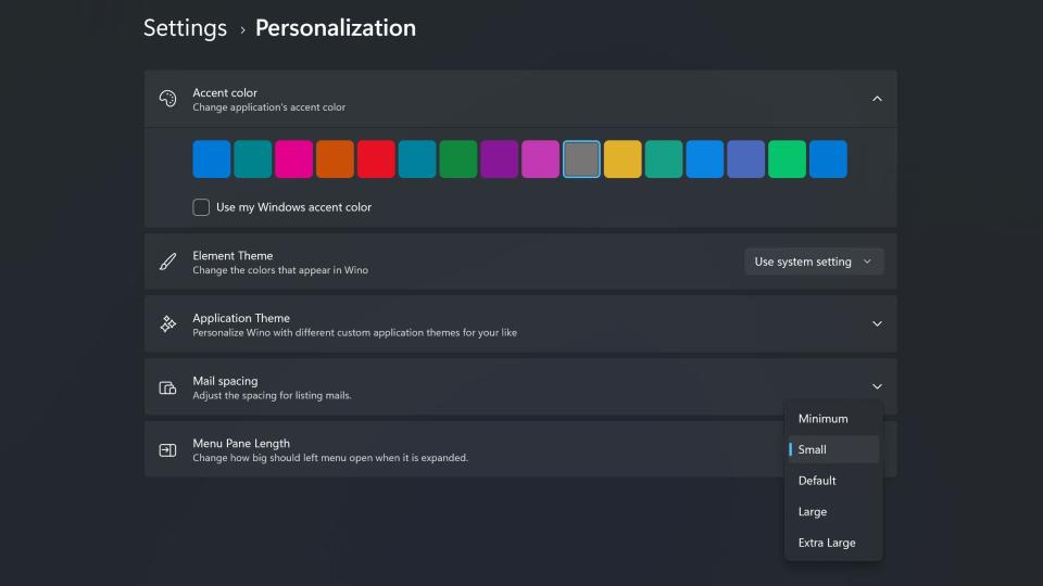 Image of the settings page in the Wino app.