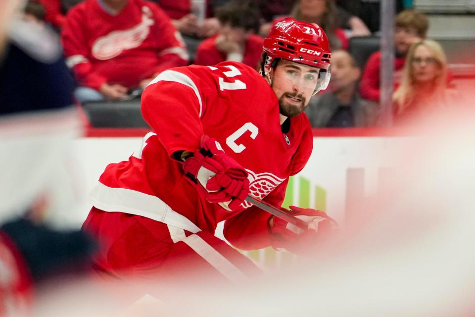 Detroit Red Wings center Dylan Larkin (71) skates down the ice during the first period against the Columbus Blue Jackets at Little Caesars Arena.