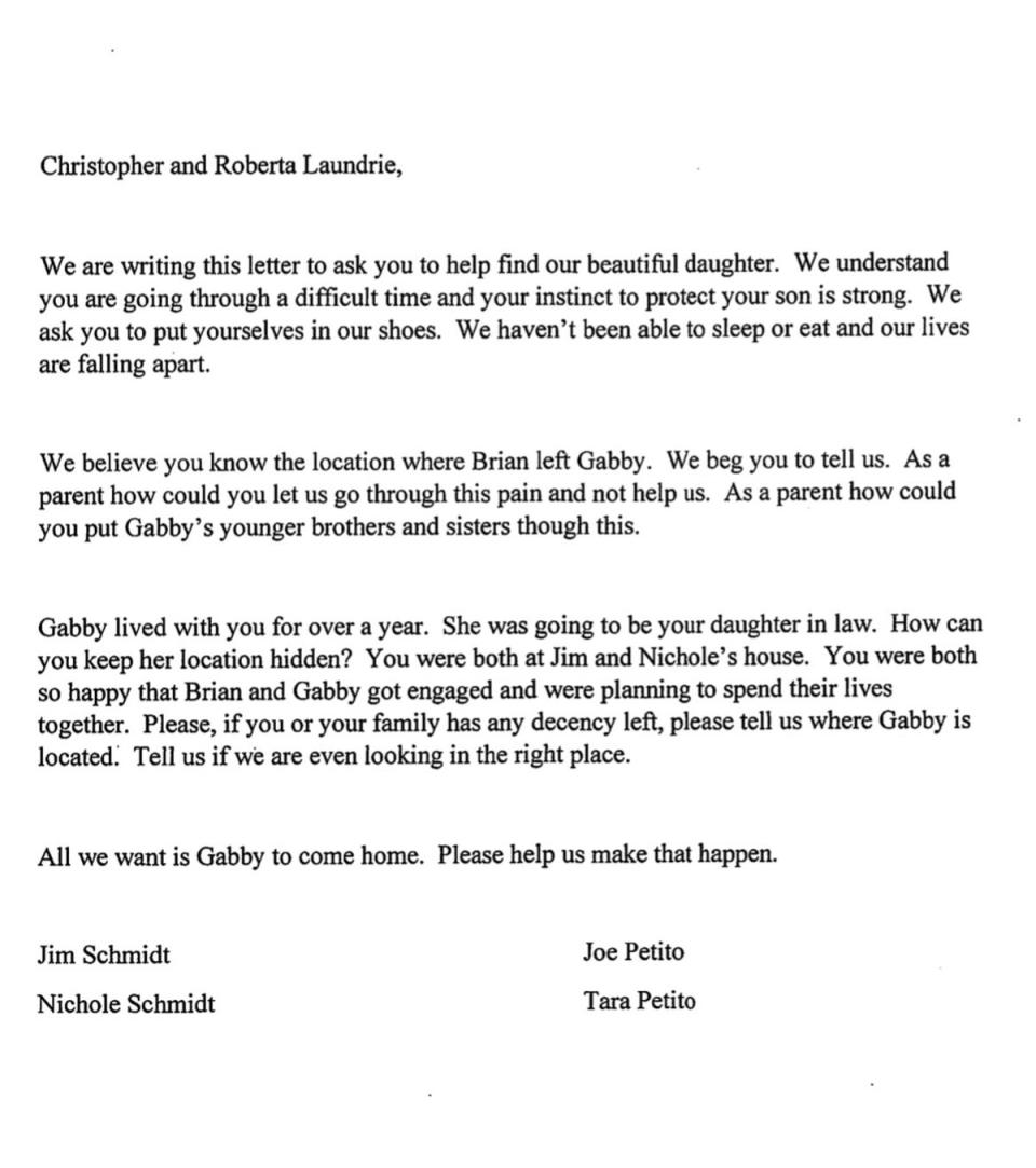 An open letter from the family of Gabby Petito to Mr Laundrie’s parents Christopher and Roberta (Petito Family)