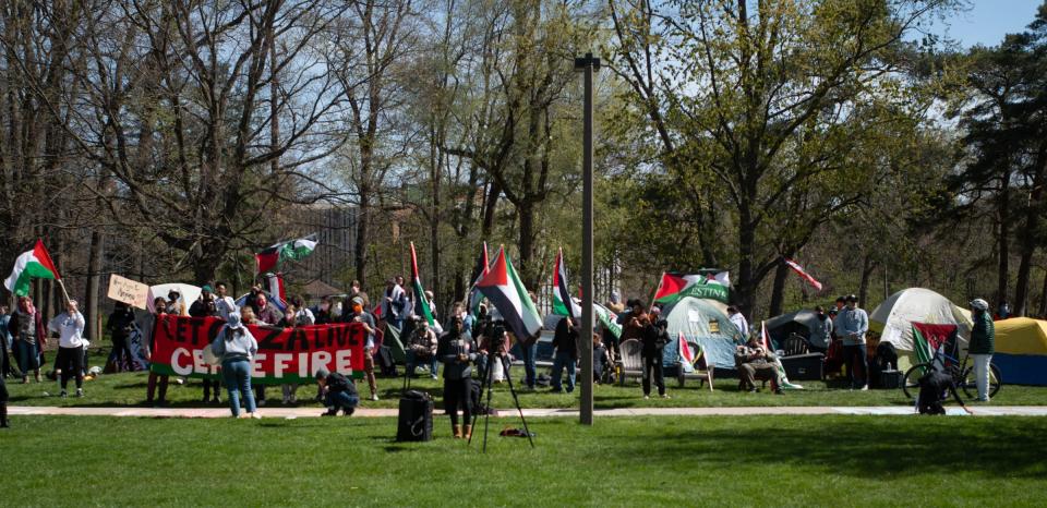 Michigan State University students and others demonstrate Thursday, April 25, 2024, joining students on college campuses across the U.S. calling for their schools to divest from Israel amid the ongoing war in Gaza.