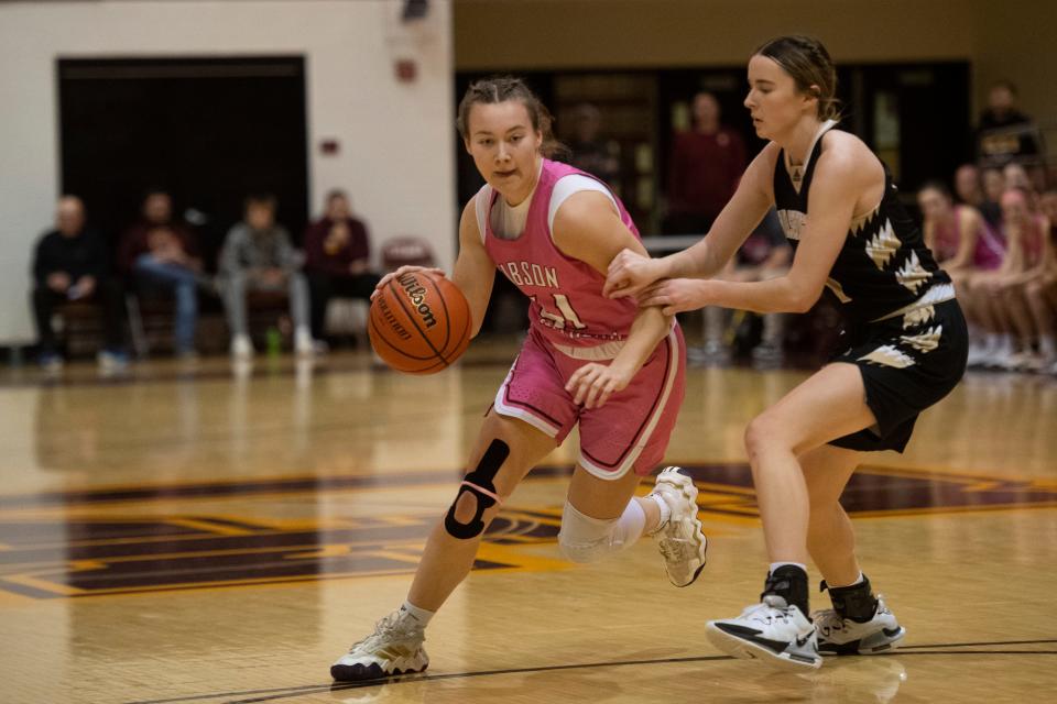 Gibson Southern’s Chloey Graham (41) drives as the Gibson Southern Lady Titans play the Washington Lady Hatchets Saturday, Jan. 13, 2024.