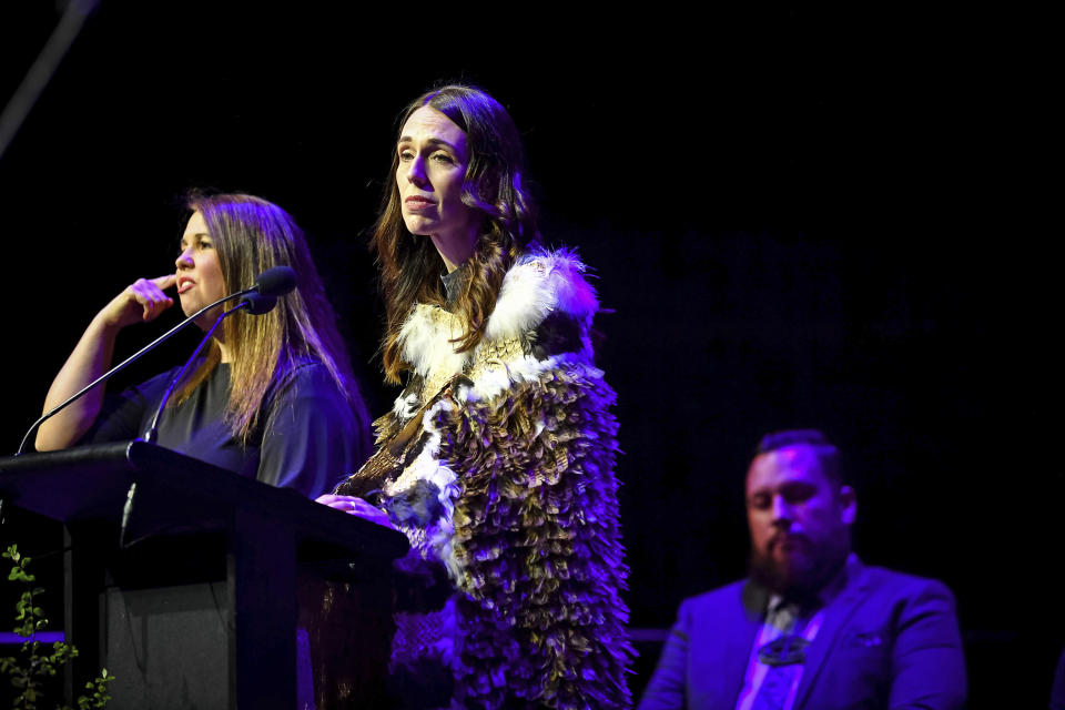 New Zealand's Prime Minister Jacinda Ardern speaks at a National Remembrance Service, Saturday, March 13, 2021, in Christchurch, New Zealand. The service marks the second anniversary of a shooting massacre in which 51 worshippers were killed at two Christchurch mosques by a white supremacist. (Mark Tantrum/Department of Internal Affairs via AP)