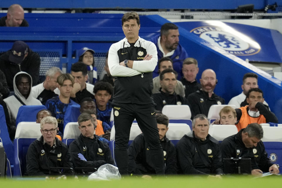 Chelsea's head coach Mauricio Pochettino stands on the touchline during the English League Cup second round soccer match between Chelsea and AFC Wimbledon at Stamford Bridge stadium in London, Wednesday, Aug. 30, 2023. (AP Photo/Kin Cheung)