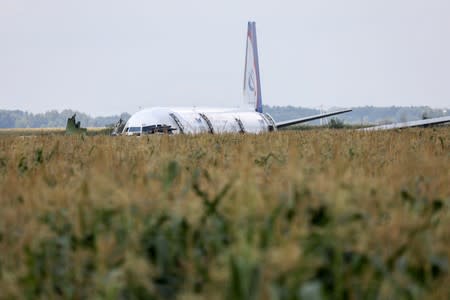 A view shows a passenger plane following an emergency landing near Moscow