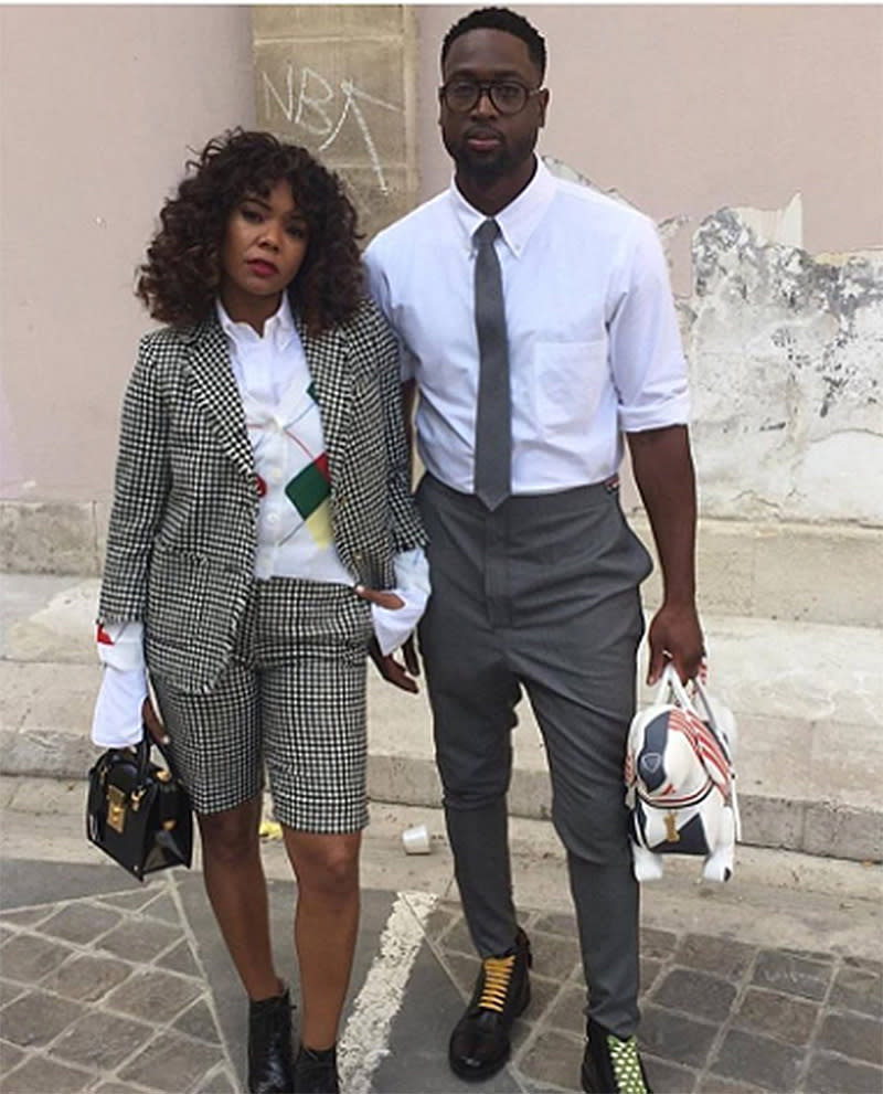 <p>At Thom Browne, Wade channeled his inner “Black Clark Kent.” (Photo: <a rel="nofollow noopener" href="https://www.instagram.com/p/BVyuSMUg-du/" target="_blank" data-ylk="slk:Dwyane Wade via Instagram;elm:context_link;itc:0;sec:content-canvas" class="link ">Dwyane Wade via Instagram</a>) </p>