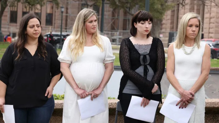  Plaintiffs Anna Zargarian, Lauren Miller, Lauren Hall, and Amanda Zurawski at the Texas State Capitol after filing a lawsuit on behalf of Texans harmed by the state's abortion ban on March 7 in Austin, Texas.  - Rick Kern/Getty Images/FILE