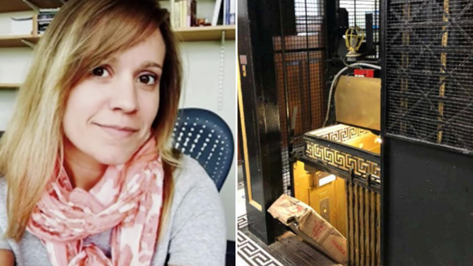 Pictured is Carrie O'Connor, the woman who was crushed in an elevator, and on the right is a picture from the scene where she died with the package jutting out of the carriage.