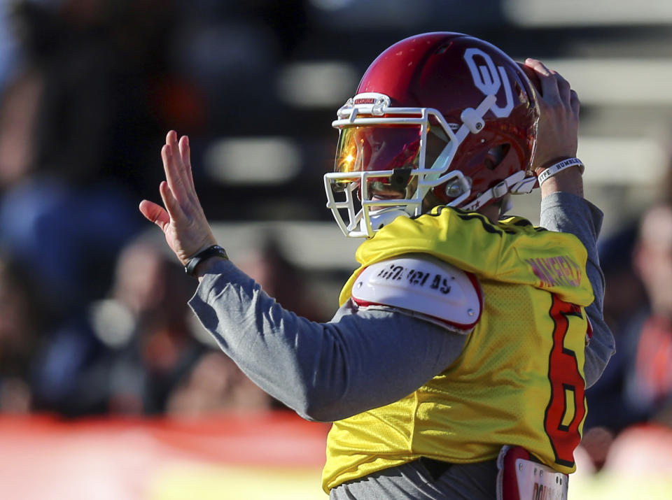 Baker Mayfield said a family health concern kept him from some Senior Bowl activities on Tuesday. (AP) 