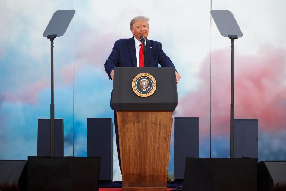 Donald Trump speaks during a Salute to America event on the South Lawn of the White House to mark the Fourth of July, 2020: AP