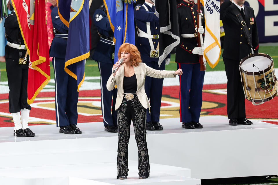 Reba McEntire performs at the Super Bowl LVIII Pregame held at Allegiant Stadium on February 11, 2024 in Paradise, Nevada. (Photo by Christopher Polk/Billboard via Getty Images)