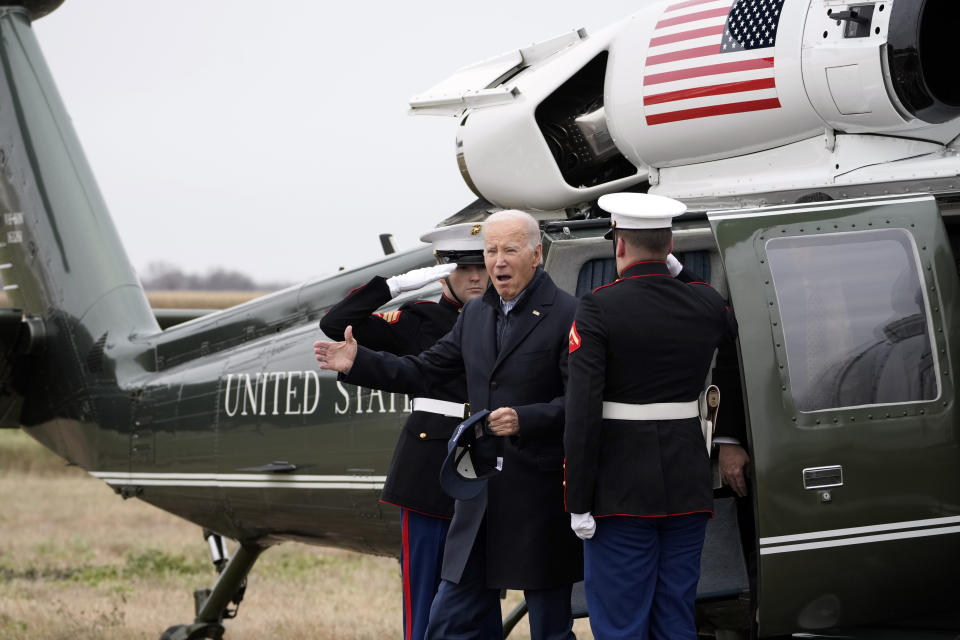 President Joe Biden arrives at Dutch Creek Farms in Northfield, Minn., Wednesday, Nov. 1, 2023. (AP Photo/Andrew Harnik)