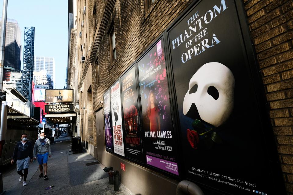 Broadway posters outside the Richard Rodgers Theatre in New York on May 13, 2020.