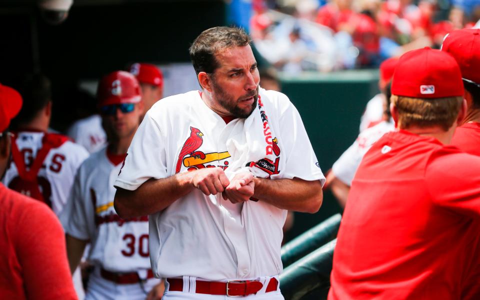 St. Louis Cardinals pitcher Adam Wainwright during a rehab assignment with the Springfield Cardinals at Hammons Field on Wednesday, April 19, 2023. 