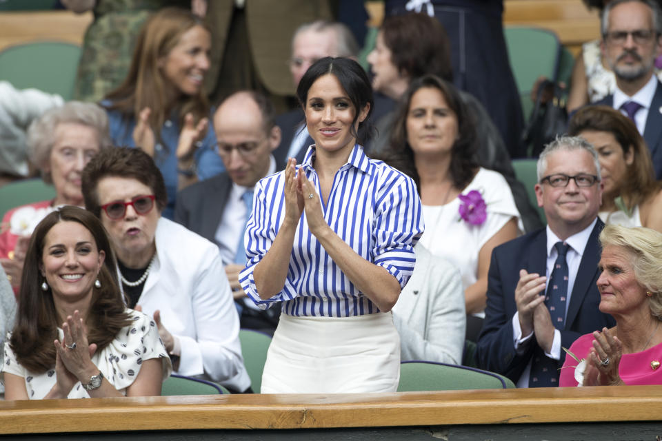 Meghan – along with sister-in-law Kate – watched Serena Williams compete in the women’s singles finals at Wimbledon in July [Photo: Getty]