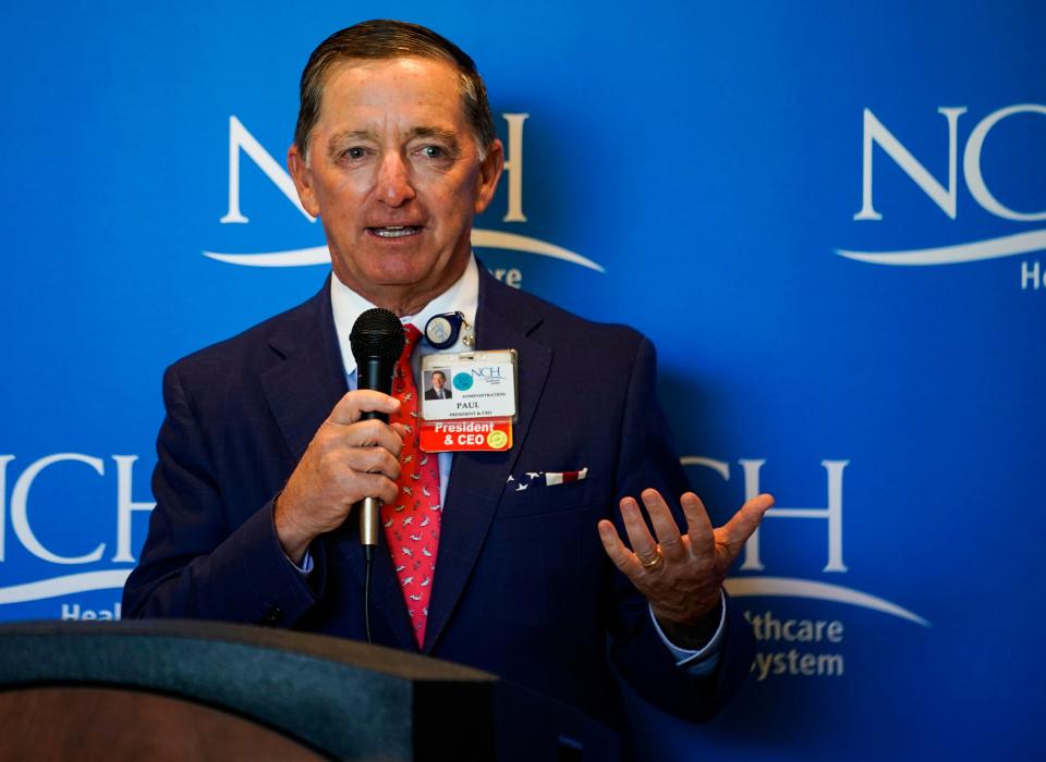 Paul Hiltz, NCH Healthcare CEO and president, speaks during an event announcing a donation from the Richard M. Schulze Family Foundation for a new heart center at NCH Baker Downtown Hospital in Naples on Wednesday, May 24, 2023.