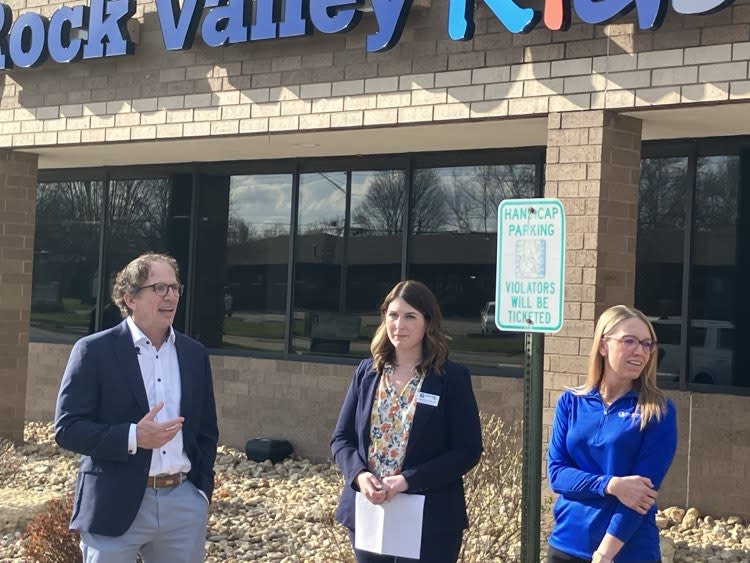 CEO Mike Horsfield speaks before the ribbon cutting Tuesday, with clinic manager Maggie Bohnert (center), and Wendy Bloomhof, Quad Cities regional manager for Rock Valley, which has 64 total clinics in three states.