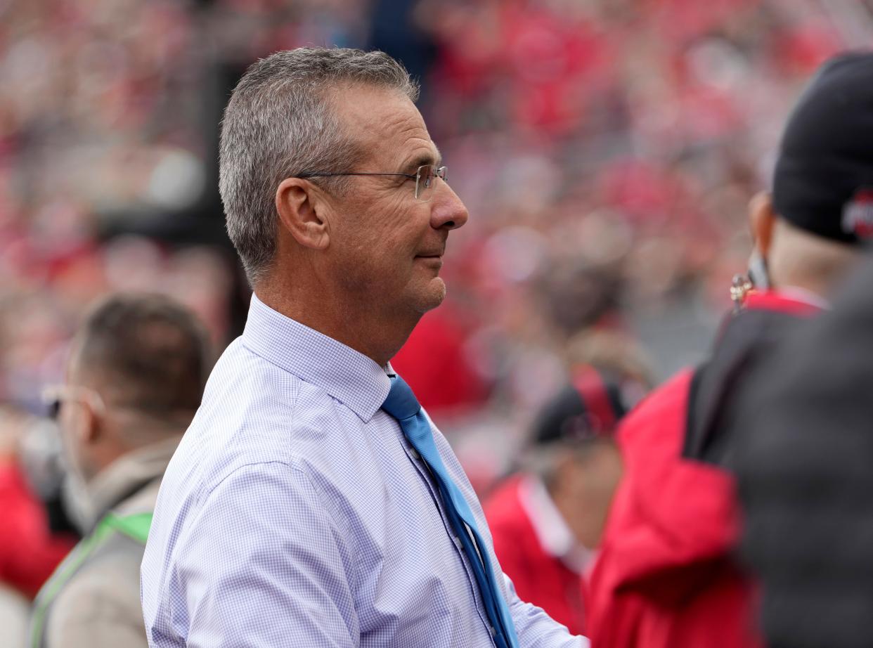 Oct. 7, 2023; Columbus, Oh., USA; 
Former Ohio State head football coach Urban Meyer stands on the sideline during the first half of Saturday's NCAA Division I football game between the Ohio State Buckeyes and the Maryland Terrapins at Ohio Stadium.