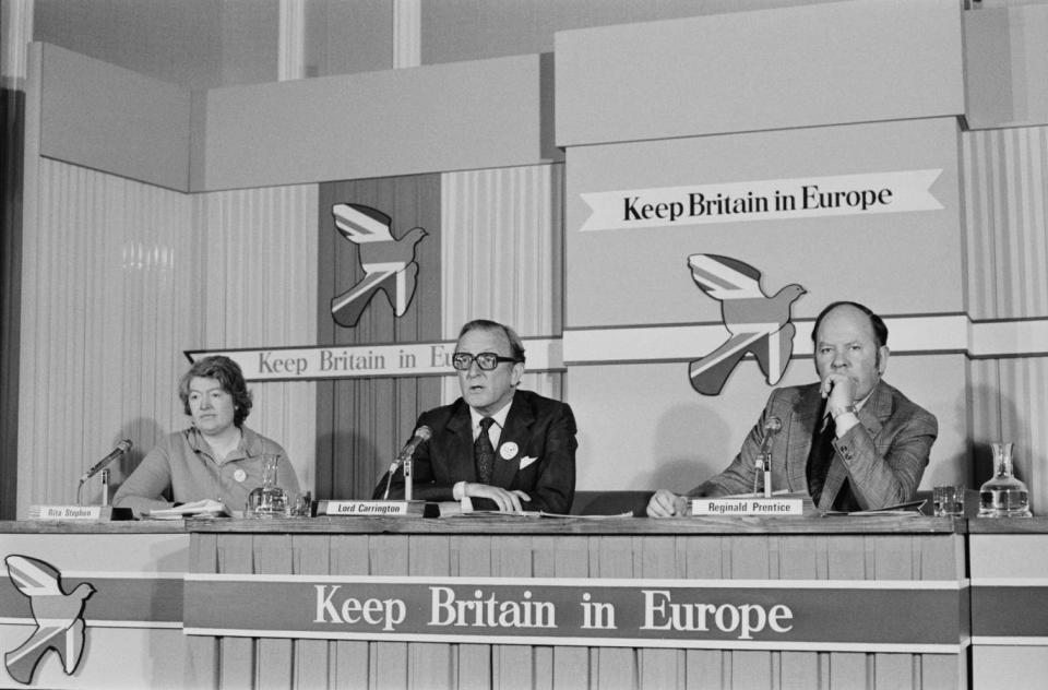 Carrington with politicians Rita Stephen and Reg Prentice at a pro-common market press conference in London shortly before the European Communities referendum in 1975 (Getty)