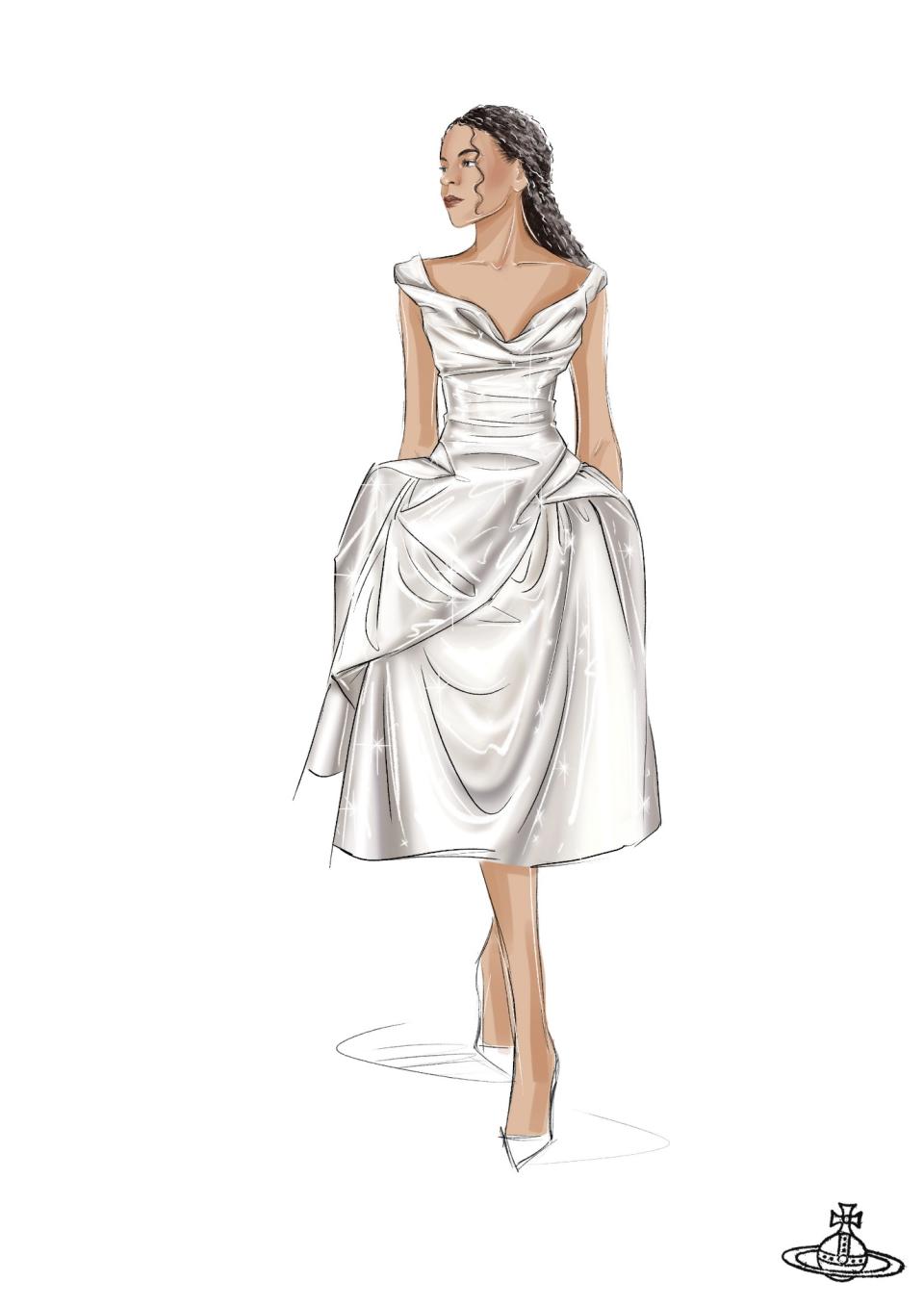 vivienne westwood white dress for blue ivy at grammys 2024, sketch, strapless gown silk taffeta