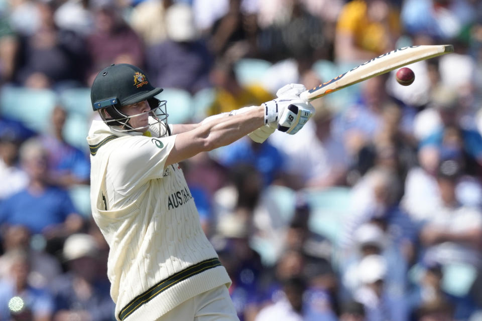 Australia's Steven Smith plays a shot on the first day of the ICC World Test Championship Final between India and Australia at The Oval cricket ground in London, Wednesday, June 7, 2023. (AP Photo/Kirsty Wigglesworth)