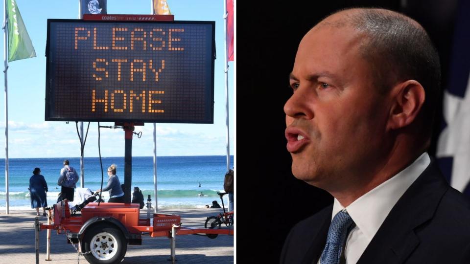 Traffic sign at beach reading 'PLEASE STAY HOME', side profile of Treasurer Josh Frydenberg as he speaks.