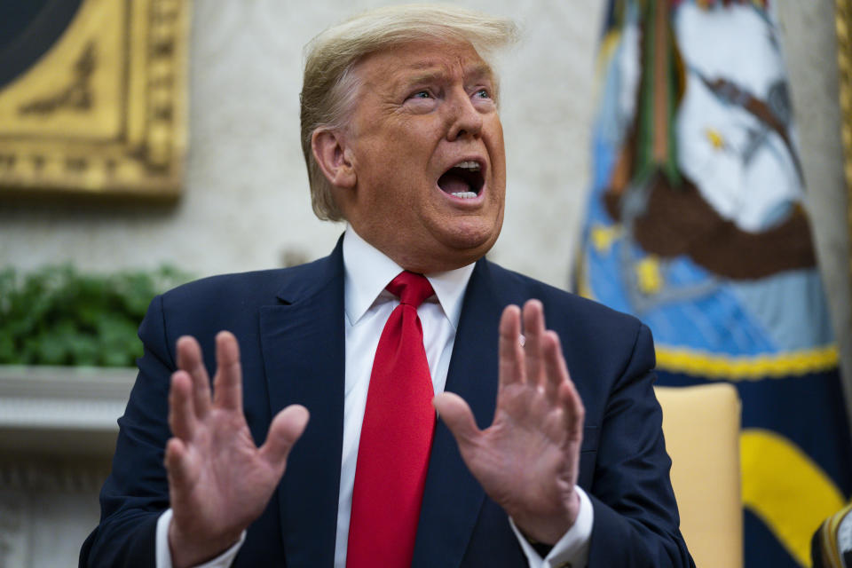 President Donald Trump speaks during a meeting with Ecuadorian President Lenin Moreno in the Oval Office of the White House, Wednesday, Feb. 12, 2020, in Washington. (AP Photo/Evan Vucci)