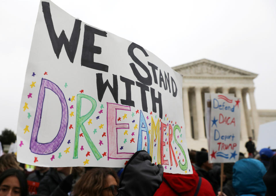 Demonstrators rally outside the U.S. Supreme Court as justices were scheduled to hear oral arguments in the consolidation of three cases before the court regarding the Trump administration's bid to end the Deferred Action for Childhood Arrivals (DACA) program in Washington, U.S., November 12, 2019.  (Photo: Jonathan Ernst/Reuters) 