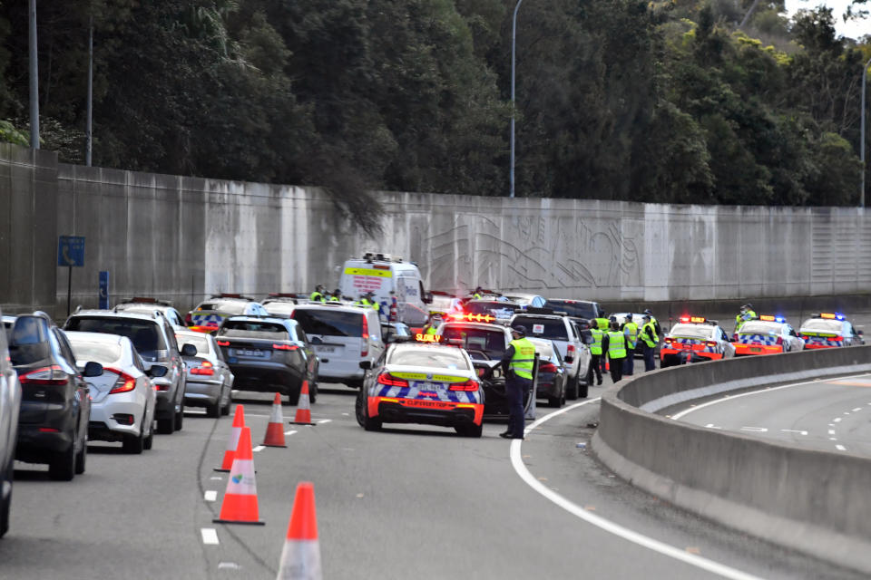 NSW police on the Bradfield Highway on the lower north shore in anticipation of an anti-lockdown rally in Sydney Sydney, Saturday, July 31, 2021. Source: AAP/Mick Tsikas