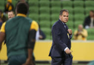 Australian coach Dave Rennie watches his players warm up ahead of the second rugby test between France and Australia in Melbourne, Australia, Tuesday, July 13, 2021. (AP Photo/Asanka Brendon Ratnayake)