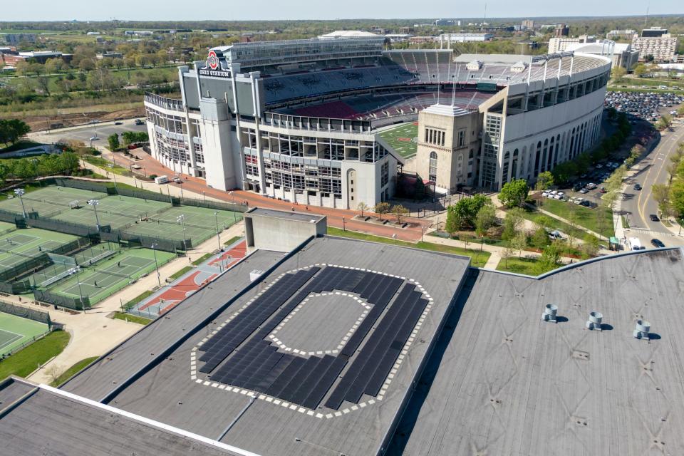 Solar panels atop Ohio State’s Recreation and Physical Activity Center form a block O shape. The university has struggled to make progress on sustainability goals it set for itself in 2015.