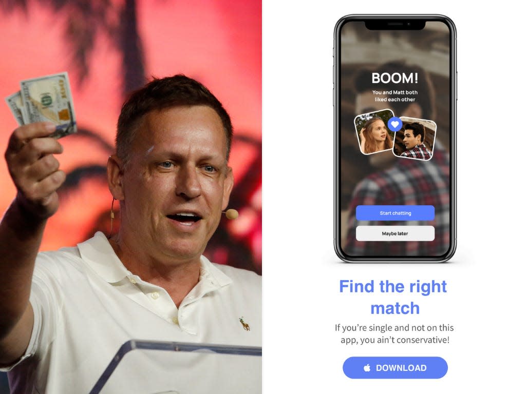 A composite image of Peter Thiel and a screengrab from The Right Stuff