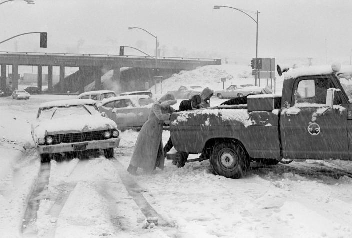 A black-and-white view of stalled traffic on a highway