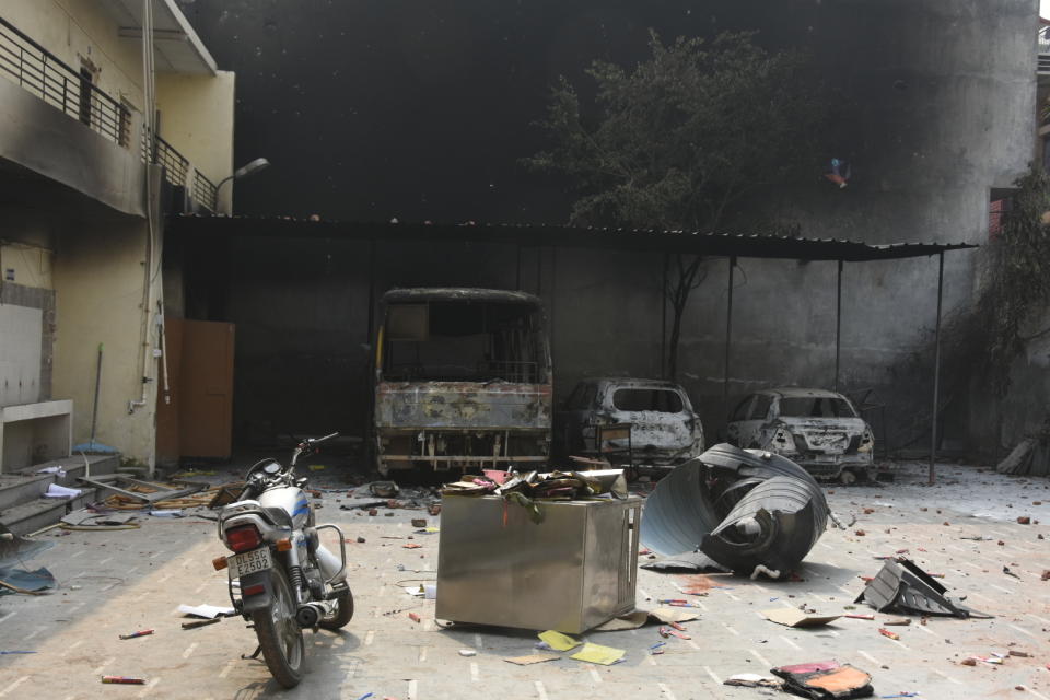 DELHI, INDIA - FEBRUARY 26 : A view of damaged vehicles following the Citizenship Amendment Act (CAA) clashes in Mustafabad, Delhi, India on February 26, 2020. (Photo by Javed Sultan/Anadolu Agency via Getty Images)