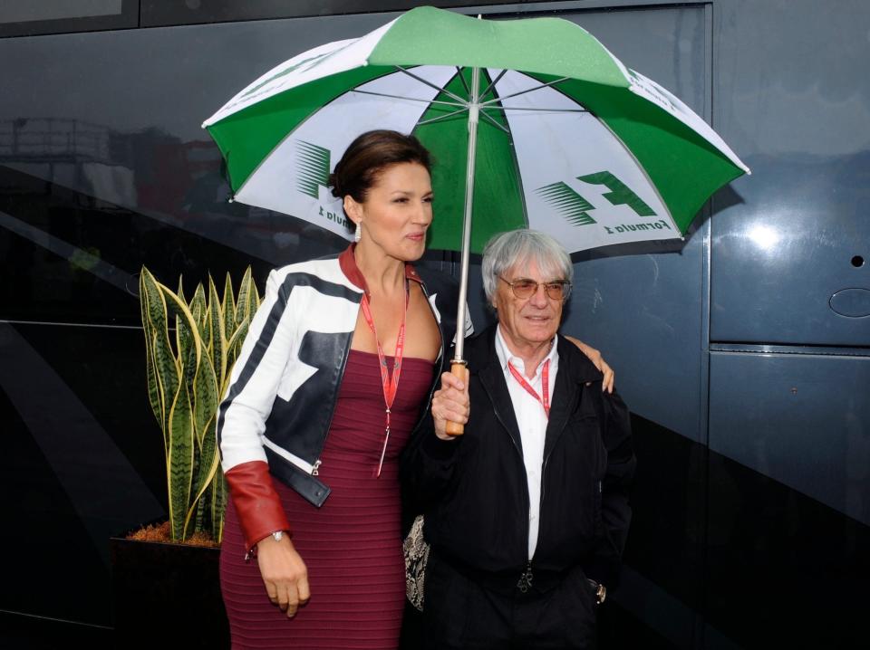 Slavica Ecclestone and Bernie Ecclestone under a green-and-white umbrella at the British Grand Prix in 2008