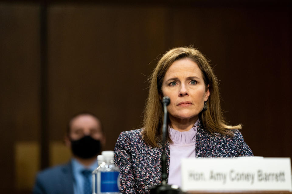 Supreme Court nominee Judge Amy Coney Barrett testifies before the Senate Judiciary Committee on the third day of her confirmation hearings on Capitol Hill on October 14, 2020. / Credit: / Getty Images