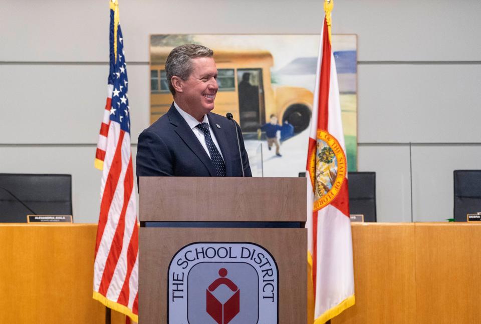 Palm Beach County Superintendent Mike Burke answers questions from reporters during a press conference about the upcoming school year on Aug. 1.