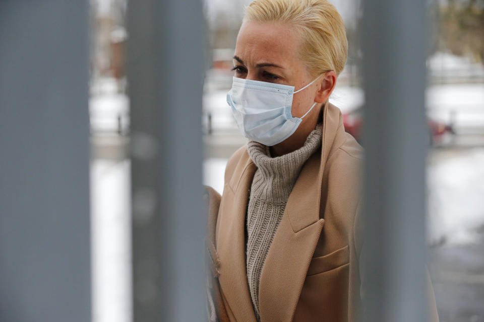 Wife of Russian opposition leader Alexei Navalny, Yulia arrives to attend a hearing at a court in Moscow, Russia, Monday, Feb. 1, 2021. Yulia Navalnaya was detained in Moscow during an unauthourized rally to support her husband on Jan. 31, 2021. (AP Photo/Alexander Zemlianichenko)