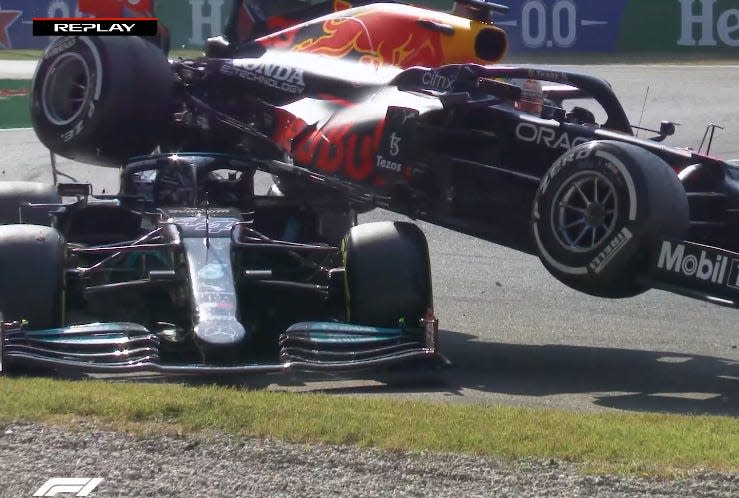 Lewis Hamilton and Max Verstappen crash at Monza in 2021.