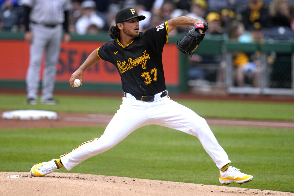 Pittsburgh Pirates starting pitcher Jared Jones delivers during the first inning of a baseball game against the Colorado Rockies in Pittsburgh, Saturday, May 4, 2024. (AP Photo/Gene J. Puskar)