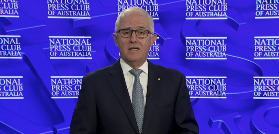 Former Prime Minister Malcolm Turnbull pictured addressing the National Press Club. Source: AAP